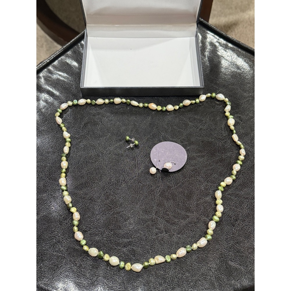 Sterling Silver Genuine Freshwater Pearl Necklace and Earrings Set Pink Green‎